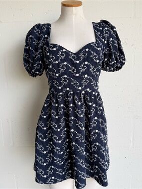Audrey Parks + Francesca Navy Floral Puff-Sleeve Mini Dress large embroidered